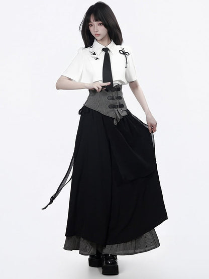 Black Gray Striped Corset Belt with Leather Buckle - PINK SAVIOR