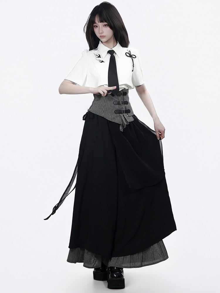 Black Wide-Leg Pants with Striped Hem - PINK SAVIOR