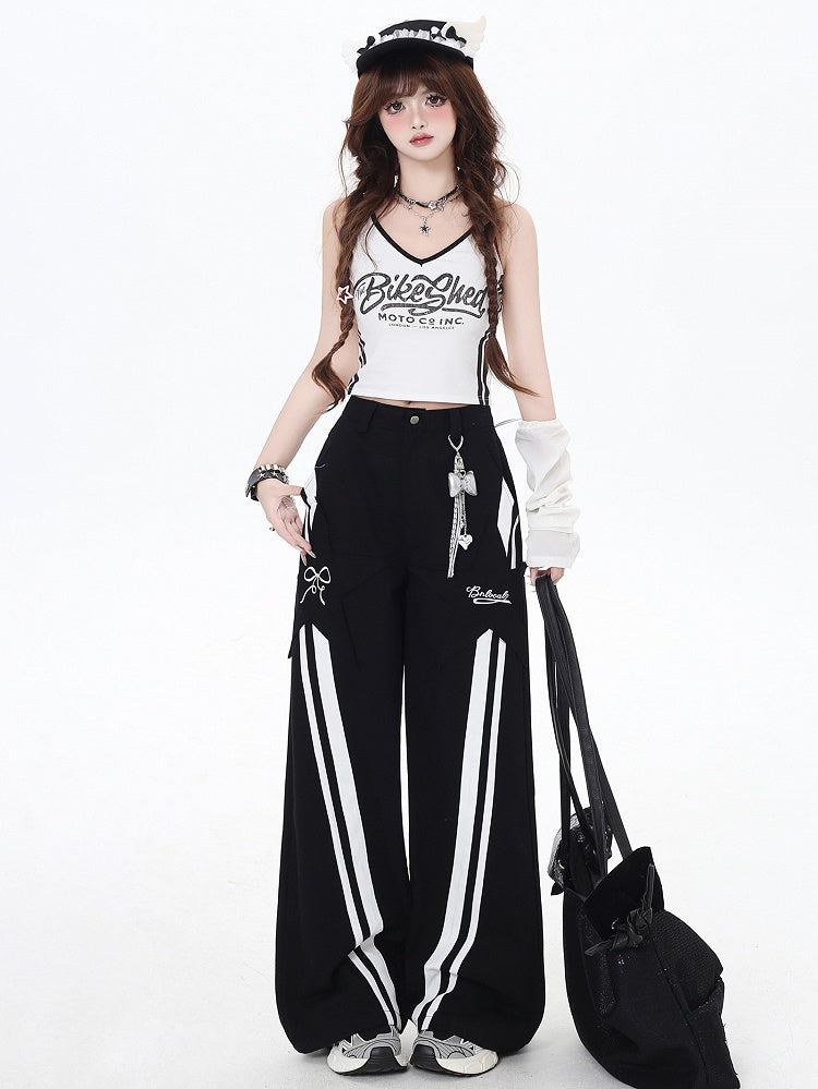 ブラックハイウエストホワイトストライプストレートレッグカットパンツ