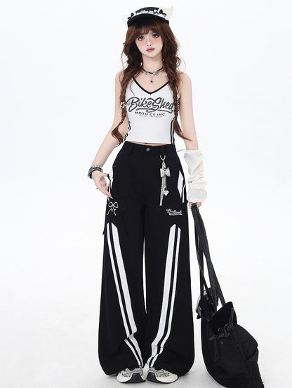 ブラックハイウエストホワイトストライプストレートレッグカットパンツ
