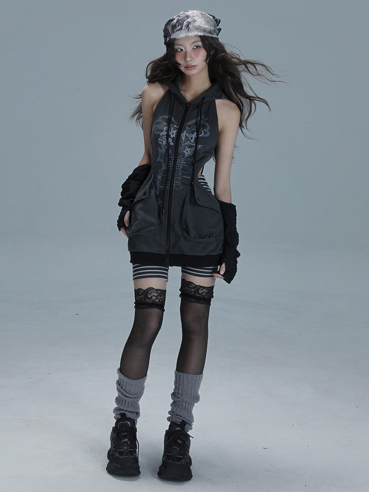 Coordinated Striped Hoodie Dark Zip-front Dress Cutout Gray Set: Punk Shorts Streetwear Graffiti