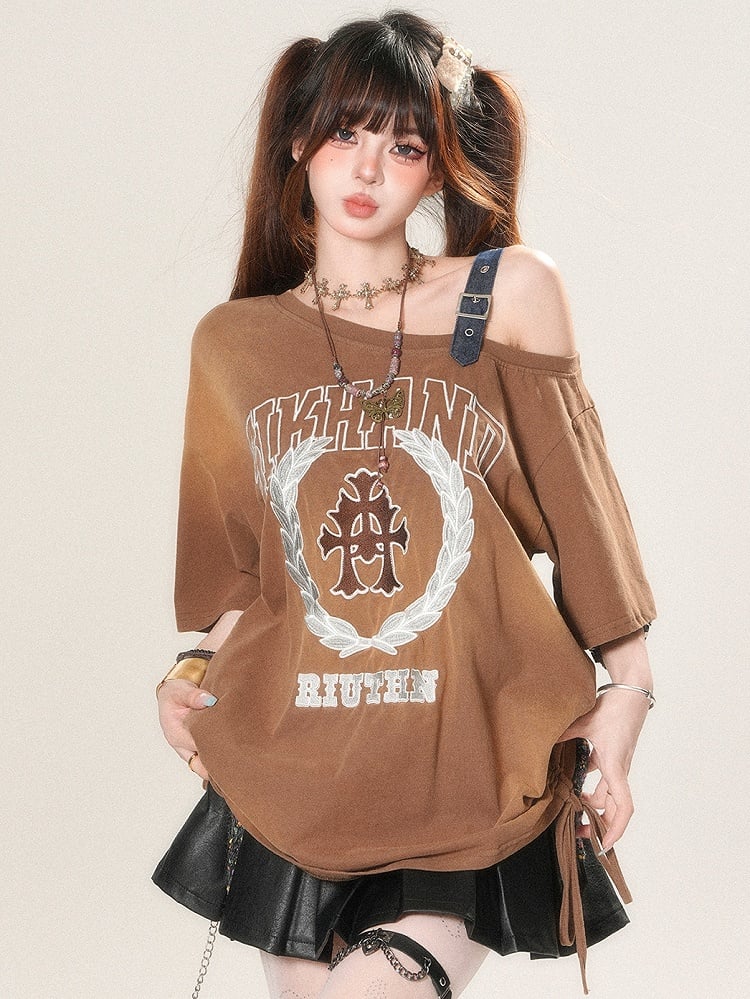 T-shirt Letter Asymmetrical Strap Print Neckline Glamorous Buckle Brown