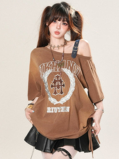 T-shirt Letter Asymmetrical Strap Print Neckline Glamorous Buckle Brown