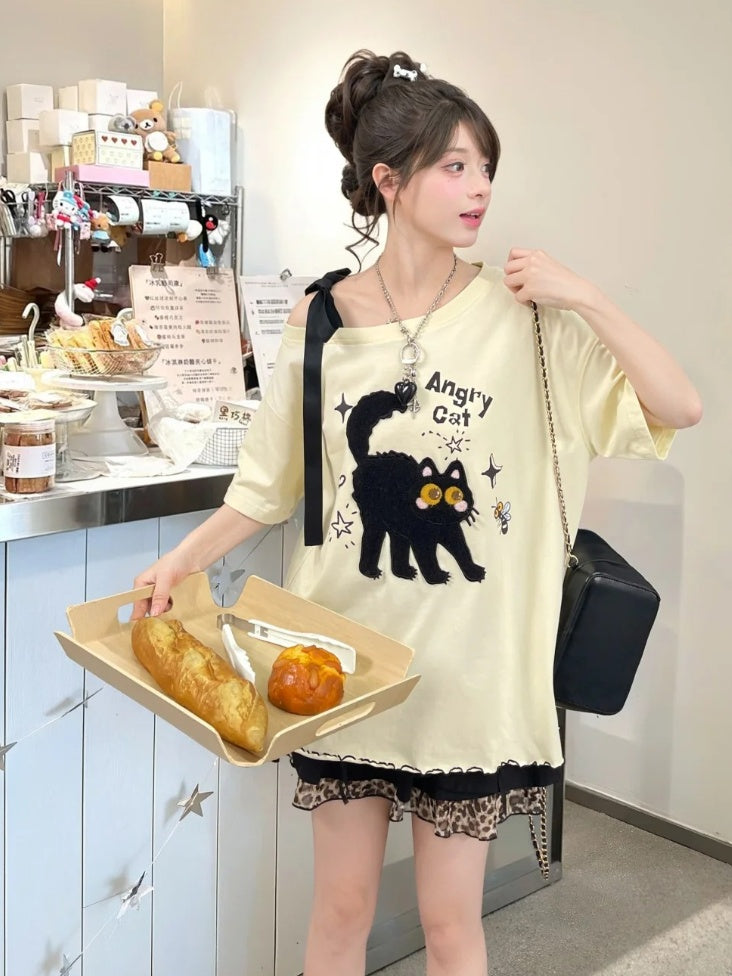 ホワイト/ベージュ 猫柄 レタス裾Tシャツ