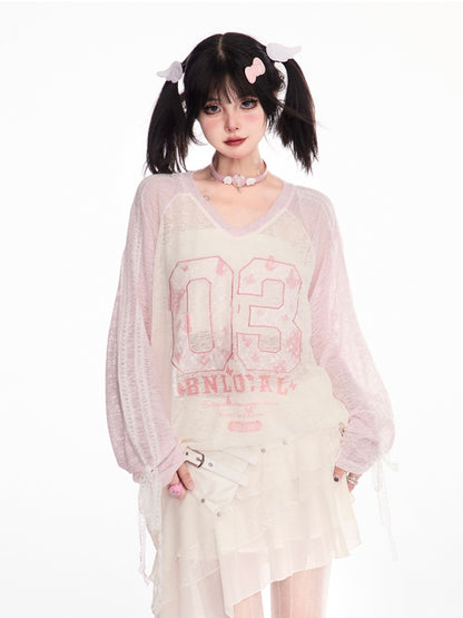 袖口ナンバープリント ブロケットコア セミシースルーカバーアップ ピンク Vネック 蝶結び