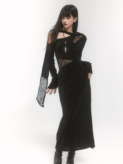 Black Gothic Asymmetrical Neckline Cutout Details Sheath Dress