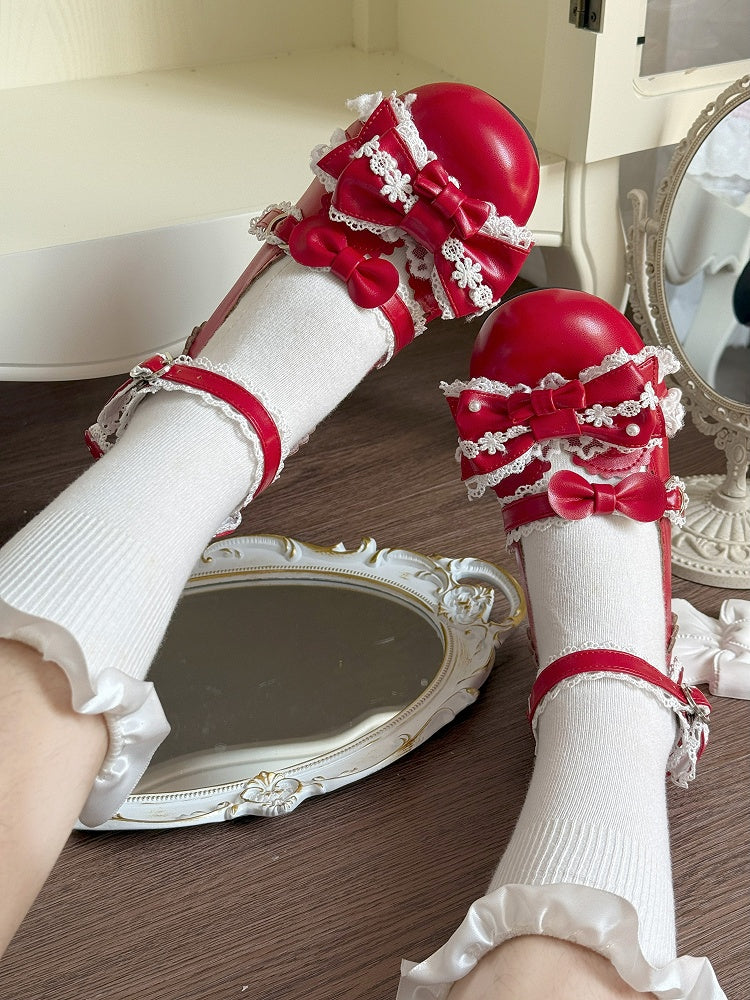 - Shoes Top Round-Toe Bow Red Lace-Trimmed at Sweet Heart Snap Low-heel Lolita