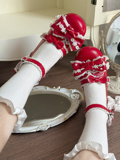 - Shoes Top Round-Toe Bow Red Lace-Trimmed at Sweet Heart Snap Low-heel Lolita