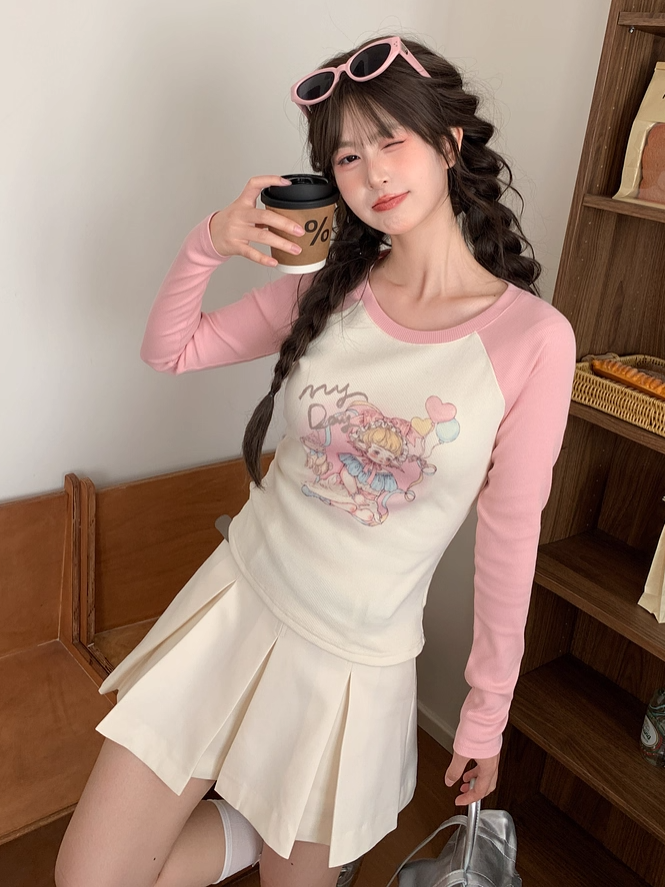 Top and Pink Slim-fitting Cartoon Girl Print Apricot Colorblock Design