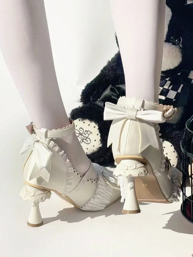 Sophisticated Pumps Bow - Heel with White Details Accents Design Lolita Shaped Ruffle Uniquely