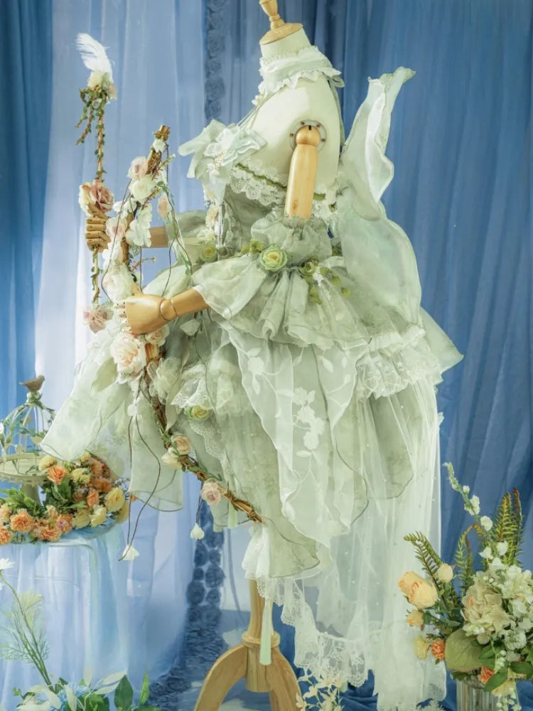 Set Decorated Princess Fairy Dress Flowers Lolita Butterfly JSK Light Full Green Forest
