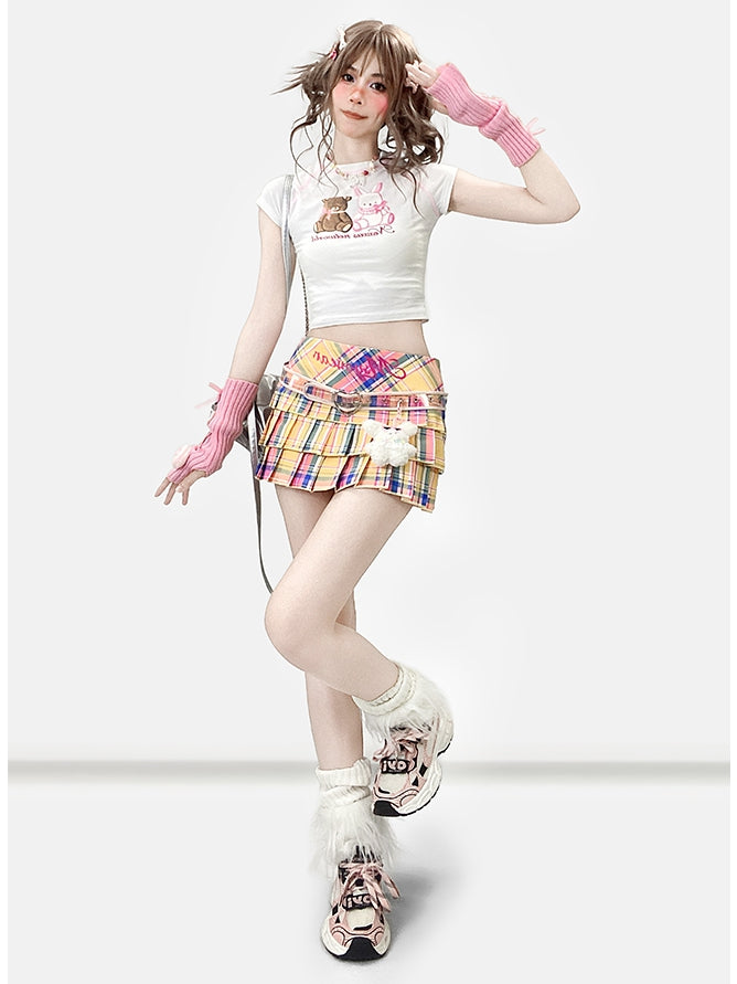 Bär Weißes Y2K T-Shirt und Buchstabendruck Hase