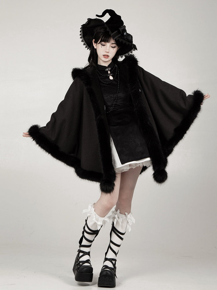 Black Hooded Winter Cape Coat with Plush Trim - With PUJI