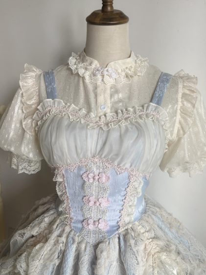 Beige Short-Sleeve Lolita Jacquard Chinoiserie Blouse Chiffon