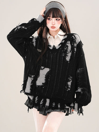 ブラック/グレー ダメージ加工 ホールズ フェイクツーピース Vネック ルーズセーター