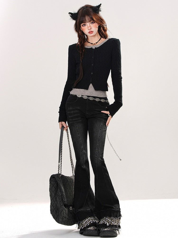 Rot/Schwarz/Grau Fake Zweiteiler Slim Fit Stricktop