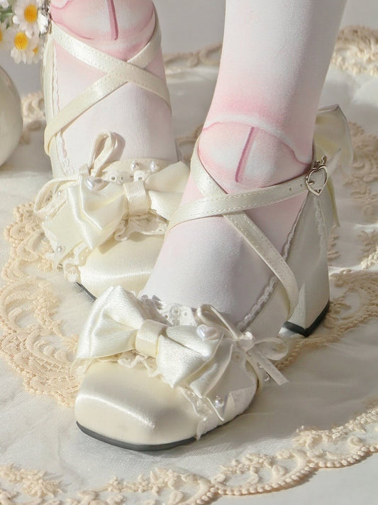Mid-heel Toe Satin - Square Elegant Janes Accents Mary Bow Champagne Lolita