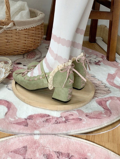 Design Jane - Green Square Lolita Toe for Pink Bow with Classic Mary Heels