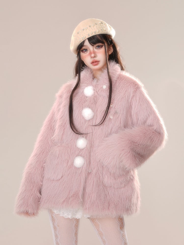 Beige Pink Pompom Detail Faux Fur Coat