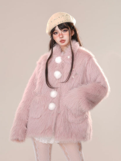 Beige Pink Pompom Detail Faux Fur Coat