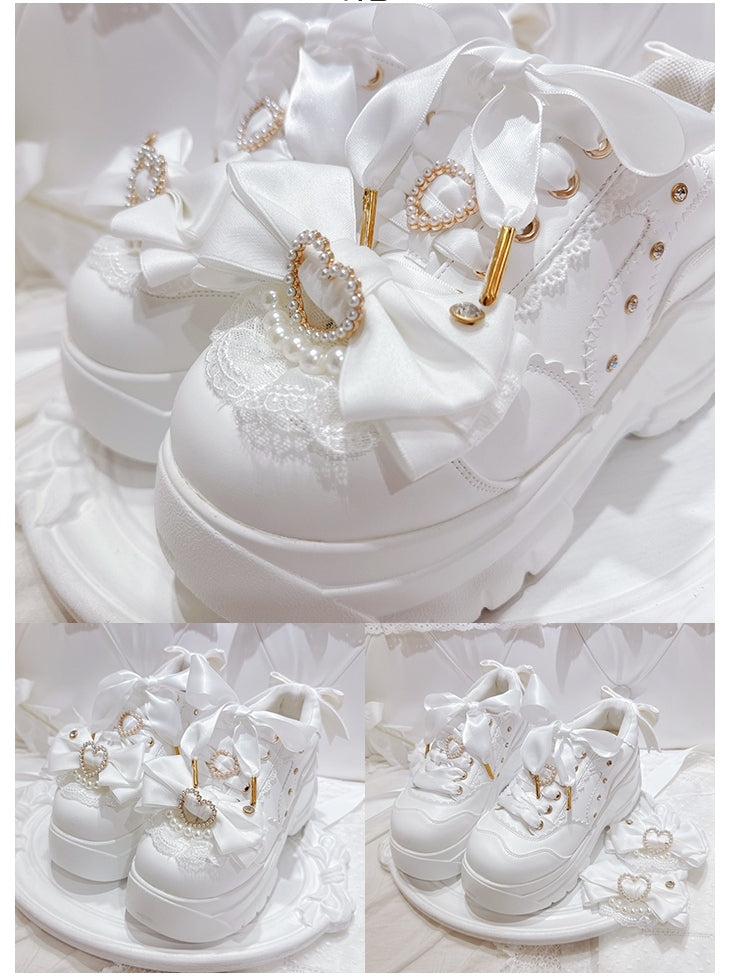 Beaded Platforms White PU Lace-Up Sparkling Jirai Rhinestone Heart Kei Detachable Leather - Bow Decor