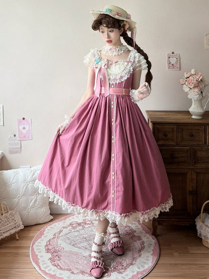 Elegant Bow Lolita Version with Dress Classic Details Lace and Long Pink Rose