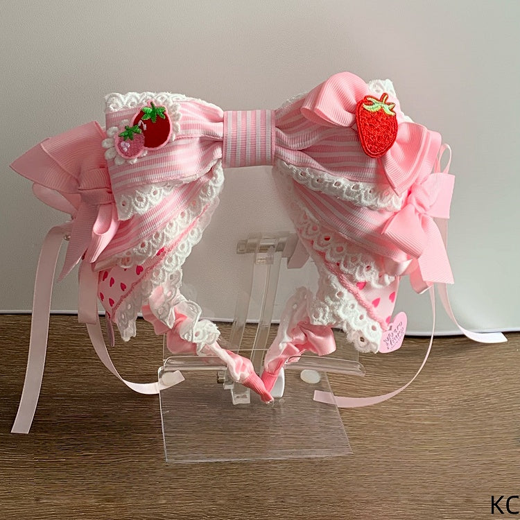 Sweet Theme Lolita / Hairband Striped Bowknot Strawberry Pink KC Oversized