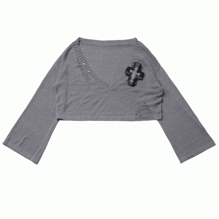 Y2K with Sweater Plaid Decor Gray/Black V-Neck Cross Distressed Holes Knit Grunge