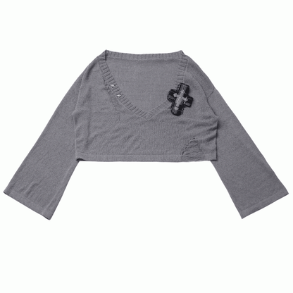 Y2K with Sweater Plaid Decor Gray/Black V-Neck Cross Distressed Holes Knit Grunge