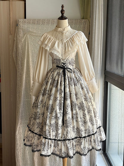 Lace Rosette Print Black Lolita Elegant Waist High with Trim Beige Boned Classic Skirt