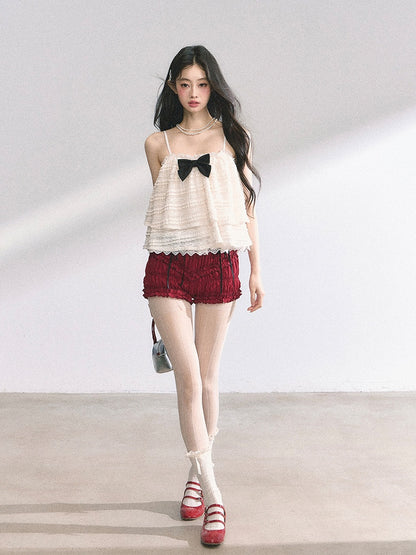 アプリコット レーストリム ティアードキャミソール リボン結び ブラック