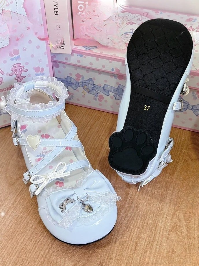 Blue Lolita with Design Bow Mid Sweet Janes Closure Mary - Embellishments in Heart Leather Heel PU