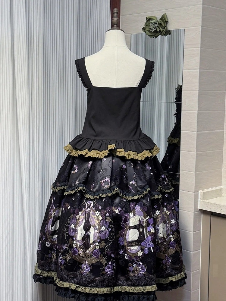 Front Placket Floral Bunny and with Jacquard Lolita Skirt Print Button