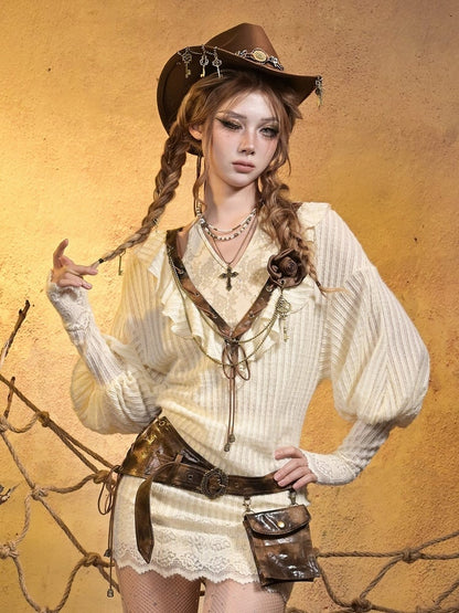 PU with Sleeves Knit V-neck Brown Punk Retro Beige Dress Bishop