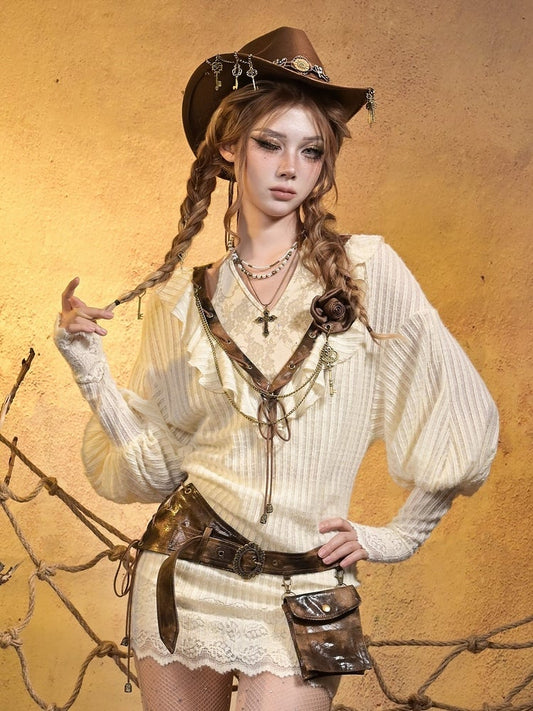 PU with Sleeves Knit V-neck Brown Punk Retro Beige Dress Bishop