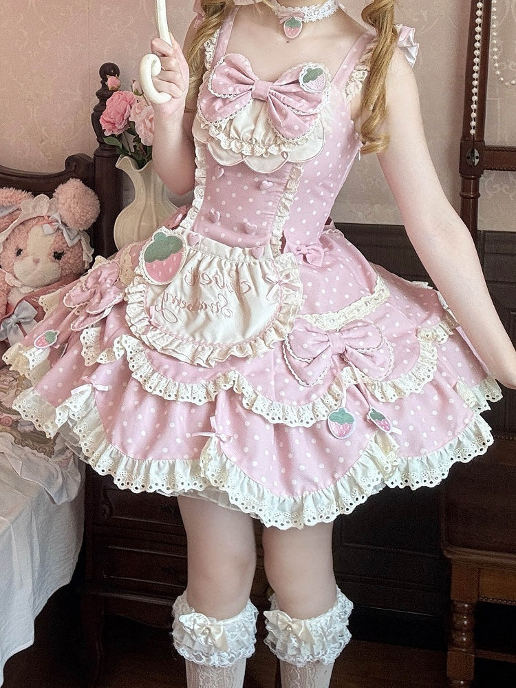 Details Pink Lace with Light Bow Dot Sweet Strawberry JSK and Lolita Polka Themed Dress