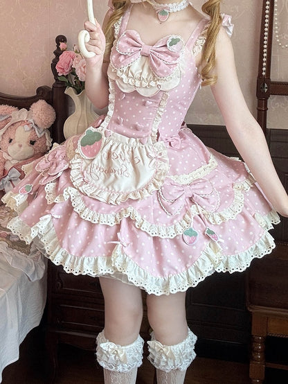 Details Pink Lace with Light Bow Dot Sweet Strawberry JSK and Lolita Polka Themed Dress