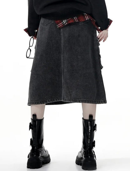 A-Line Wash Denim Pockets with Gray Vintage-Inspired and Skirt Midi Utility Faded