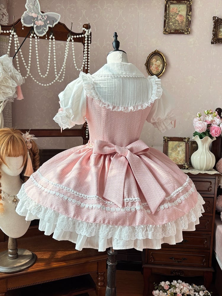 Sweet Pink Puff Sleeve Peter Pan Collar Lolita OP Dress with Lace Trim