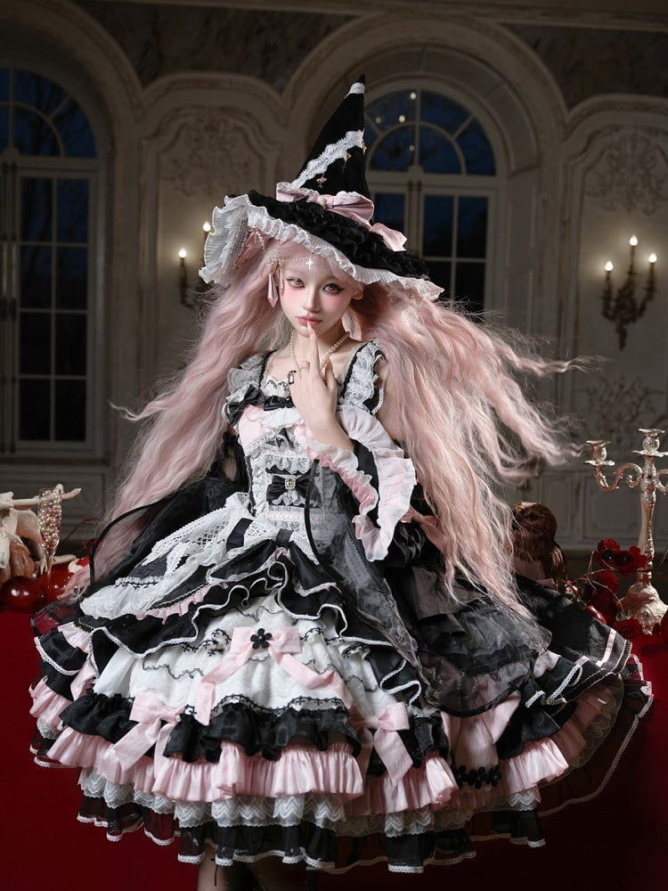Witch-Themed Cross Accent Lolita JSK Full Ensemble in Black and Pink with Bow Train, Cape, Detachable Sleeves, Hat and Outer Sleeves - Felinae Cookie