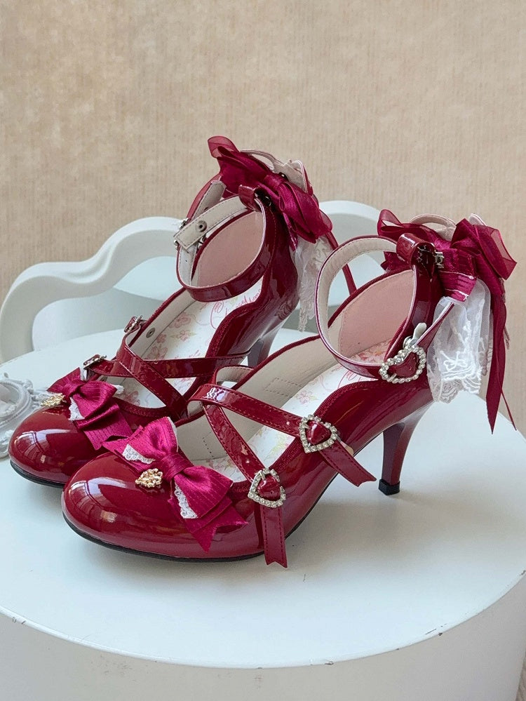 Lolita Leather in Opulent Wine Red PU with Heels Bowknot Details