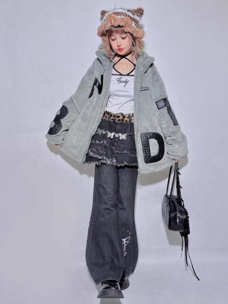 Gray Letter Appliques Baggy Long Sleeves Plush Coat