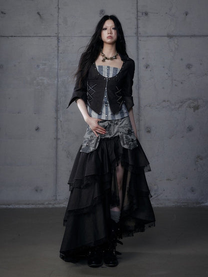 Dark Tiered Aesthetic Blackish-Green with Leather Punk Skirt