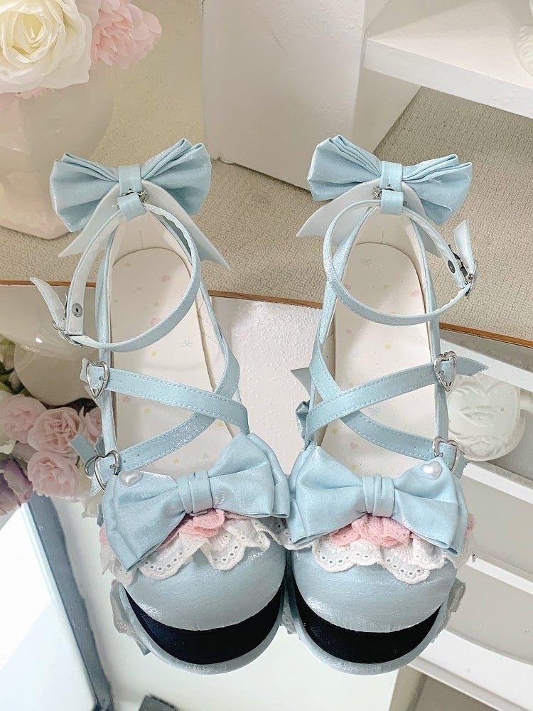 Buckles Design Detachable Blue Sweet Dual Ankle Lolita Buckle With Straps Crisscross Top Heart at Bow Shoes