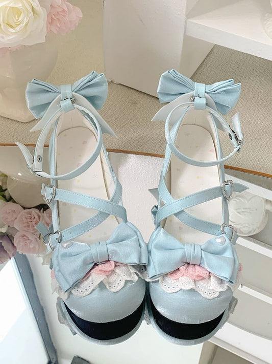 Buckles Design Detachable Blue Sweet Dual Ankle Lolita Buckle With Straps Crisscross Top Heart at Bow Shoes