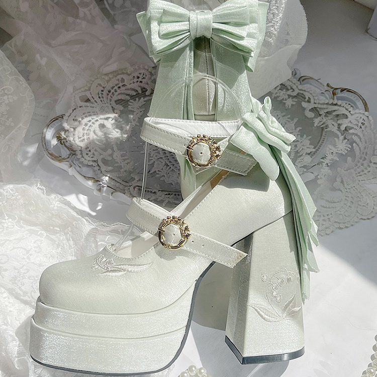Detachable Light Platform Green Bowknot Valley High Heel the Embroidery Mary Janes Lily of Block
