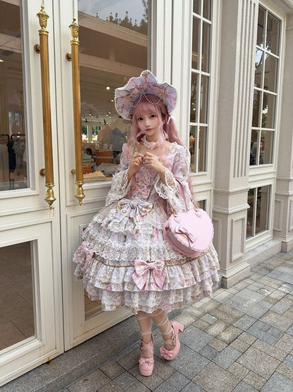 Floral Lolita OP Print Bow and Dress Purple Sleeves Trim with Bell Accents Lace