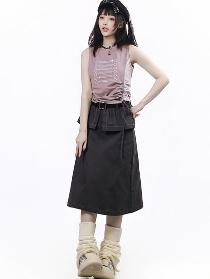 Dark Gray Long Skirt with Faux Layered Two-Piece Design - PINK SAVIOR
