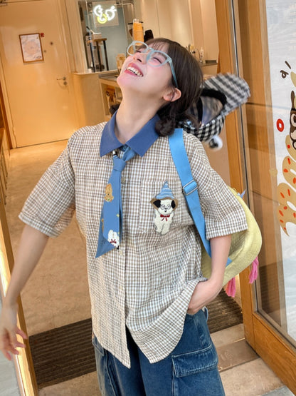 Adorable Puppy Embroidery Plaid Shirt with Tie Light Brown