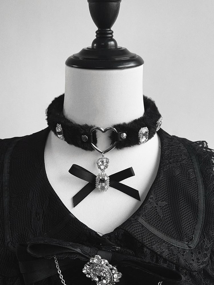 Black Choker with Embellishments Bowknot Pendant Plush Rhinestone